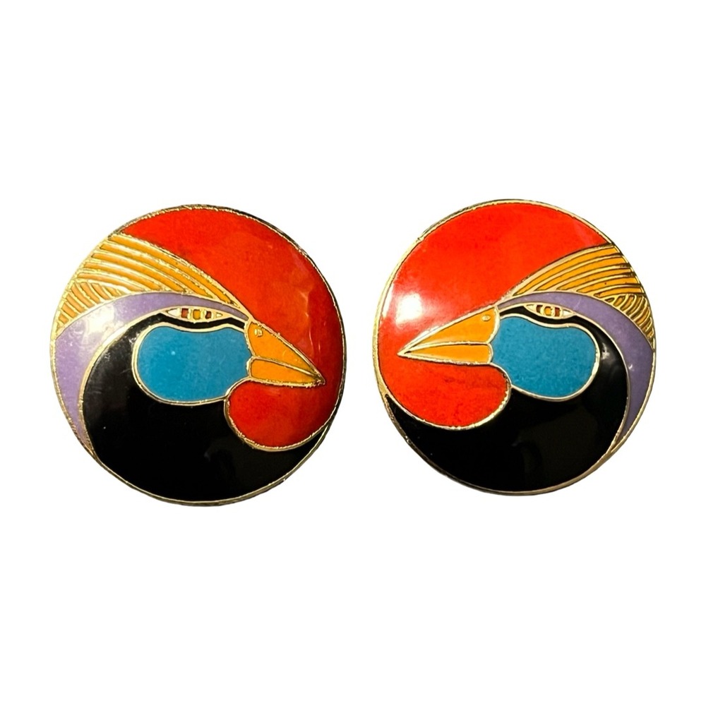 Vintage Laurel Burch Harlequin Bird Enamel Post Earrings Gold Tone‎ Studs